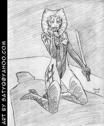 1girls ahsoka_tano ahsoka_tano_(imperial) breasts clone_wars clothed clothing dark_ahsoka drawn female_focus female_only kneeling looking_at_viewer monochrome nipples open_mouth revealing_clothes satyq simple_background small_breasts solo spread_legs star_wars the_clone_wars:_season_one togruta watermark white_background