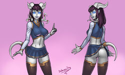 cheerleader cheerleader_uniform colored_skin dr_graevling draenei gray_skin horns microskirt midriff monara nipple_bulge no_panties no_panties_under_skirt pleated_skirt protruding_nipples pussy skirt tagme tail thighhighs world_of_warcraft