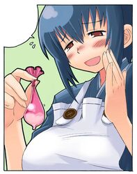 apron blue_hair blush breasts character_request condom cum female half-closed_eyes hand_on_own_face japanese_clothes kimono large_breasts matsuda_yuusuke red_eyes short_hair solo speech_bubble used_condom