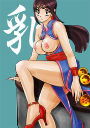 areola black_hair blush breasts busty chichi cleavage dragon_ball erect_nipples female female_only high_heels human jeibii large_breasts milf nipples ring solo voluptuous