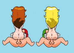 2boys 2girls anus ass ass_grab back back_view blonde_hair brown_hair cap color faceless_male facial_hair female gloves hairy_testicles human insertion light-skinned_female light_skin long_hair luigi male mario mario_(series) monkeyb moustache nintendo nude pale_skin penis princess_daisy princess_peach sex straight super_mario_bros. super_mario_land swingers vulva