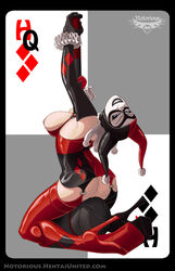 1girls ass batman_(series) blue_eyes boots breasts dc female female_only harley_quinn nipples notorious84 playing_card posing pussy solo weapon