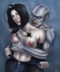 1boy 1girls bald bald_man black_hair collar degrading_accessory fangs female grey-skinned_male grey_skin groping human human_on_humanoid humanoid incase interspecies kate_beckinsale light-skinned_female light_skin male markus_corvinus pale-skinned_male selene_(underworld) straight underworld vampire