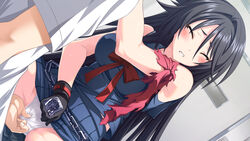 bare_shoulders black_hair blush breasts clenched_teeth closed_eyes female fingering game_cg gloves highres large_breasts long_hair mikoshi_matsuri panties skirt sweat tsujidou-san_no_virgin_road underwear white_panties