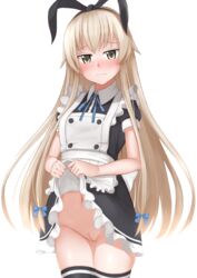 absurdres alternate_costume apron black_dress blonde_hair blush dress dress_lift enmaided female hairband highres kantai_collection lifted_by_self long_hair looking_at_viewer maid maid_apron maid_headdress no_panties pubic_hair puffy_short_sleeves puffy_sleeves shimakaze_(kantai_collection) short_sleeves solo thighhighs tiemu_(man190) yellow_eyes