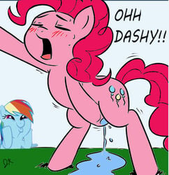 2girls blush closed_eyes cookies cutie_mark dialogue equine female feral friendship friendship_is_magic horse magic masturbation my_little_pony open_mouth parody photoshop pinkie_pie_(mlp) pony purple_eyes pussy_juice rainbow rainbow_dash_(mlp) text watching wet