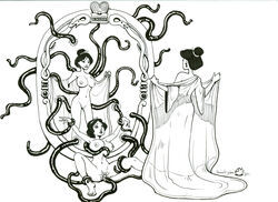 2girls altered_reflection areola breasts crossover disney disney_princess erect_nipples fa_mulan female female_only hourglass_figure human magic_mirror mirror miss_dylan monochrome mulan multiple_females navel nipples pussy snow_white_(disney) snow_white_and_the_seven_dwarfs tentacle tentacle_rape vagina white_background