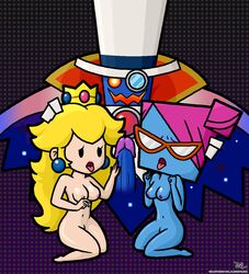 1boy 2girls blonde_hair blue_skin breasts clothing count_bleck count_noir crown earrings female glasses imminent_fellatio imminent_oral lipstick long_hair magenta_hair male mario_(series) mob_face nastasia nintendo nipples nude open_mouth paper_mario paper_peach penis princess_peach simple_face super_paper_mario thick thick_thighs thighs tied_hair tongue tongue_out top_hat touching_penis val_(artist) wide_hips