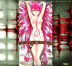 1girls blood bound crying elfen_lied female female_only horns long_hair lucy_(elfen_lied) pink_hair red_eyes restrained solo tanja very_long_hair xxdeidaraninjagirlxx