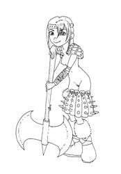 astrid_hofferson axe breasts dreamworks exposed_breasts female female_only how_to_train_your_dragon human husqvarna line_art monochrome paramount_pictures solo vulva