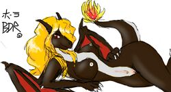 anthro blonde_hair breasts charizard color female female_only fire front_view generation_1_pokemon lying nintendo nipples nude on_side pokémon_(species) pokemon pokemon_(species) pokemon_rgby pussy shiny_charizard shiny_pokemon sketch solo tail tail_fire vulva wyraachur