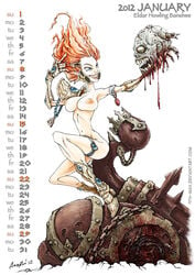 1girls 9th-max aeldari blood calendar_(medium) chaos_(warhammer) chaos_space_marine eldar english_text female gore guro head headless holding_head howling_banshee naked nude power_armor redhead severed_head tagme text warhammer_(franchise) warhammer_40k