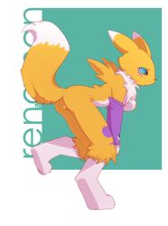 anthro anus ass barefoot bent_over black_nose black_sclera blue_eyes breasts closed_mouth color digimon female female_only fur furry furry_ass furry_breasts furry_ears furry_tail looking_at_viewer looking_right nipples nude open_eyes orange_fur pointy_ears raised_tail renamon solo species_name tail vulva white_fur