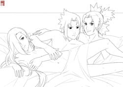 female human ino_yamanaka line_art male monochrome naruto sasuke_uchiha sbel02 straight temari