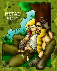 2boys bandana blonde_hair brown_hair cum cum_in_chest gay gloves handjob male_only marco_rossi metal_slug military muscles outside penis reach_around snk sunglasses tagme tarma_roving tree vest white_shirt yaoi