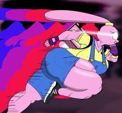 black_background chowder_(series) fully_clothed huge_breasts hyper_breasts hyper_thighs panini panini_(chowder) pink_eyes pink_fur super_speed