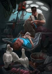 archimedes archimedes_(team_fortress_2) bird blood chyringa dove doves gay hospital hospital_bed hospital_room male male_focus male_only medic medic_(team_fortress_2) pigeon scout scout_(team_fortress_2) tagme team_fortress_2