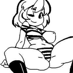 bikini breasts female looking_at_viewer mighty_switch_force monochrome nipples one_breast_out rough_sketch sitting smile solo spread_legs sub_tank wardrobe_malfunction wink