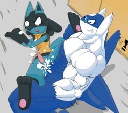 3_fingers 3_toes anthro chest_spike color cum cum_in_ass cum_inside cum_leaking cum_on_belly cum_on_self cum_while_penetrated cumdrip cumming cute_fang dreadlocks drool feral fur glasses hindpaw holding_ankles insertion interspecies jackal latios looking_at_another lucario male male_only multiple_males muscles muscular_male naughty_face nude oekaki pawpads penis pokemon pokemon_(species) pokemon_dppt pokemon_rse precum red_eyes rough_sex saliva_string sex size_difference spectacles speed_lines spikes storage_room tapering_penis thick_cum wide-eyed wiggle_lines yaoi yellow_eyes