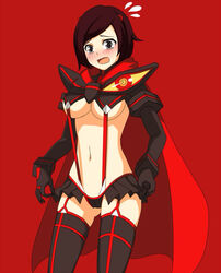 1girls blush brown_hair color embarrassed female female_only grey_eyes kill_la_kill matoi_ryuuko_(cosplay) open_mouth ruby_rose rwby senketsu short_hair silver_eyes simple_background skimpy solo standing sweatdrop