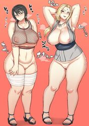 2girls armpits arms_behind_head ass bandage belly black_hair blonde_hair blonde_pubic_hair bottomless breasts facial_mark feet female fishnets heart heroherotom huge_breasts japanese_clothes large_ass low_ponytail multiple_girls nail_polish naruto naruto_shippuden open_toe_shoes orange_background sandals see-through shirt shizune short_hair slightly_chubby smell sweat text thick_thighs toes tsunade wet wide_hips