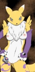 3_fingers anthro black_nose black_sclera blue_eyes breasts claws closed_mouth color digimon female female_only front_view fur furry furry_breasts furry_ears furry_tail hand_on_hip looking_at_viewer moltsi nipples nude open_eyes pink_nipples pointy_ears renamon solo standing tail vulva white_fur yellow_fur