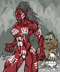 1boy 1girls bodypaint breasts clothed_male_nude_female drooling female female_focus goblin goblin_male green_eyes hand_print lord_of_the_rings male muscular_female nipples orc orc_female pussy red_skin small_breasts tagme uruk-hai