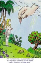 adam_and_eve barefoot_on_grass bible boomer_humor breasts casual_nudity christianity eve female female_focus fruit garden_of_eden god god_(christian) human mythology nipples public_domain pussy religion straight_hair text