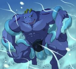 bulge color interspecies jellicent machoke maldu male male_only muscles nipples pokemon pokemon_(species) tagme tentacle underwater