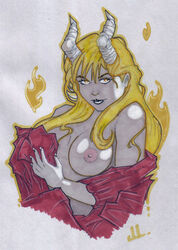 1girls blonde_hair breasts demon_girl female horns jaiden_lourde long_hair magik_(illyana_rasputin) marvel new_mutants nipples smile solo x-men