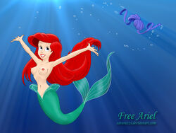 ariel bra_removed breasts disney female female_only mermaid nipples nude pale_skin red_hair saturazzi solo tagme the_little_mermaid topfreedom underwater