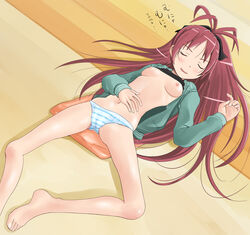 1girls bare_legs barefoot blue_panties blush bow breasts closed_eyes cute_fang feet female hairbow highres hoodie long_hair lying mahou_shoujo_madoka_magica midriff navel nipples no_bra on_back open_mouth panties red_hair sakura_kyouko shuuji_(shumi) sleeping smile solo striped striped_panties underwear