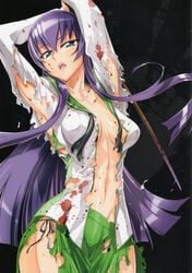 big_breasts blood_stains breasts hair highschool_of_the_dead inazuma looking_at_viewer nipples official_art saeko_busujima sailor_fuku satou_shouji torn_clothes