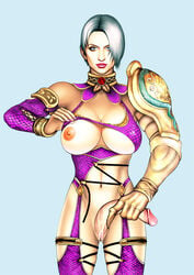 1futa blue_eyes breasts cleavage_cutout futa_only futanari human intersex isabella_valentine large_breasts large_penis namco navel panties_aside penis pussy short_hair solo soul_calibur standing untitled white_hair