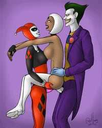 1boy 2girls batman:_the_animated_series batman_(series) bisexual bisexual_(female) bisexual_double_penetration bodysuit boots dark-skinned_female dc_comics dcau double_penetration female harley_quinn harley_quinn_(classic) human interracial joker male naked_female pale-skinned_male penis queen_(dc) sex straight strap-on supervillain supervillainess tagme the_joker threesome