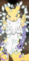 anthro black_nose blue_eyes breasts closed_mouth color digimon digivice female female_only front_view fur furry furry_breasts furry_ears furry_tail hand_on_hip moltsi nude pointy_ears renamon solo standing tagme tail