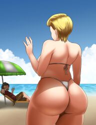 1boy 1girls android_18 beach big_ass big_breasts bikini bikini_bottom bikini_top blonde_hair blue_eyes blush breasts clothed_male curvy_female dat_ass donaora889 dragon_ball dragon_ball_gt grey_bikini grey_bikini_bottom grey_bikini_top huge_ass krillin kuririn looking_at_partner looking_forward mature mature_female milf no_sex short_hair smaller_male standing sweat sweatdrop thong thong_bikini