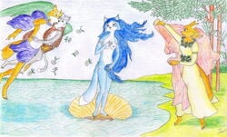 anthro barefoot blue_fur blue_hair cat color day fara_phoenix female flower fox fox_mccloud fur furry furry_tail grey_fur interspecies katt_monroe krystal long_hair male multiple_girls nude orange_fur outdoors parody sinaherib standing star_fox tail water