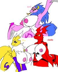 anthro bent_over black_nose black_sclera breasts color digimon female female_only fur furry furry_breasts furry_ears furry_tail genderswap_(mtf) guilmon interspecies kyukimon multiple_females nude renamon rule_63 simple_background standing tail white_background