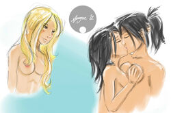 3girls apogee_(artist) blonde_hair breast_grab female female_only human karolina_dean kissing long_hair marvel multiple_females nico_minoru runaways simple_background sister_grimm sketch yuri