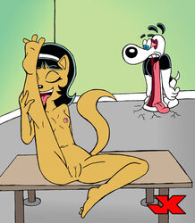 anthro bottomless breasts cat dog dudley_puppy female jaw_drop jk kitty_katswell licking male nude open_mouth pussy sitting solo_focus standing t.u.f.f._puppy tagme tongue_out toony