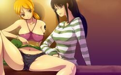 2girls black_hair brown_eyes female female_only glasses hairu midriff multiple_girls nami nico_robin one_piece one_piece_film_strong_world orange_hair pre-timeskip shorts striped_shirt sweater