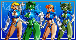 4girls alien alien_girl big_breasts blonde_hair boob_window cleavage_cutout cosplay crystal_(inhumans) crystalia_amaquelin davide76 fantastic_four female female_only flexing_bicep green-skinned_female green_hair green_skin huge_breasts hulk_(series) human inhumans invisible_woman invisible_woman_(cosplay) large_breasts leotard light-skinned_female lyja marvel matching_outfit midriff multiple_girls muscular_female nipple_bulge orange_hair pokies she-hulk skrull sue_storm sue_storm_90s_costume superheroine