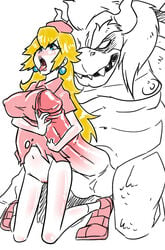 artist_request bowser clothes color dr._mario_(series) female front_view human interspecies kneeling koopa male mario_(series) nintendo nurse_peach partially_colored penis princess_peach straight super_mario_bros. tagme testicles vulva