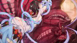 2girls ambiguous_penetration arched_back arms_above_head arms_up ass ass_cleavage asutora attack aura black_hair bound bound_wrists breast_squeeze breasts butt_crack clothing commentary_request covered_penetration cum cum_in_mouth cum_inside cum_on_body cum_on_clothes cum_on_hair cum_on_lower_body cum_on_upper_body eldritch_abomination female grin groping hands_up head_back highres horns implied_penetration implied_sex irrumatio large_breasts multi_eye multi_mouth multiple_girls nue_houjuu oni_horns oral rape restrained ribbon seija_kijin sex_under_clothes sex_under_skirt short_hair skirt smile spread_legs teeth tentacle tentacle_sex tentacle_under_skirt tentacles_under_clothes torn_clothes touhou wide-eyed wide_eyed