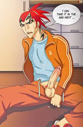 1boy after_orgasm bleach cum cum_on_clothes cum_on_penis english_text gninrom male male_only pants_down red_hair renji_abarai solo speech_bubble tattoo yaoi