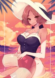 1girls :) atlus background bare_shoulders big_breasts blush breasts brown_hair chest cleavage collarbone colonel_emi cute dusk female female_only floatie haru_okumura hat highres large_hat light-skinned_female looking_at_viewer one-piece_swimsuit outdoors outside persona persona_5 short_hair smile smiling_at_viewer solo standing standing_in_water sunset swimsuit thin_arms water wide_hips