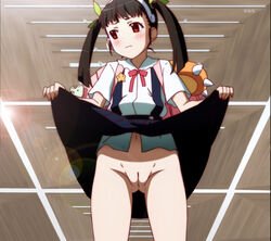 10s 1girls bakemonogatari blush clothes_lift hachikuji_mayoi innie_pussy kozue_akari long_hair monogatari_(series) nisemonogatari no_panties nude_filter pointy_chin pussy red_eyes skirt skirt_lift third-party_edit twintails uncensored