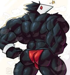 1boy 2025 4_fingers absurd_res anthro ass avian back_muscles ball_bulge biceps big_butt black_body black_feathers clothed clothing cuffs_(clothing) deltarune english_description feathers fingers hi_res its_coldpizza male male_only muscular muscular_anthro muscular_arms muscular_male muscular_thighs rear_view red_clothing red_eyes red_thong red_underwear solo swatchling thong topless topless_anthro topless_male undertale_(series) underwear