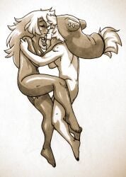 1boy amalia_sheran_sharm closed_eyes cum cum_in_pussy cum_leaking_out_of_pussy cum_on_thighs embrace female hand_on_shoulder hat kissing lying monochrome naked perunapappa post-sex pussy wakfu wholesome yugo